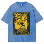 Unisex Vintage Silly Pumpkin Halloween Printed Washed Tee