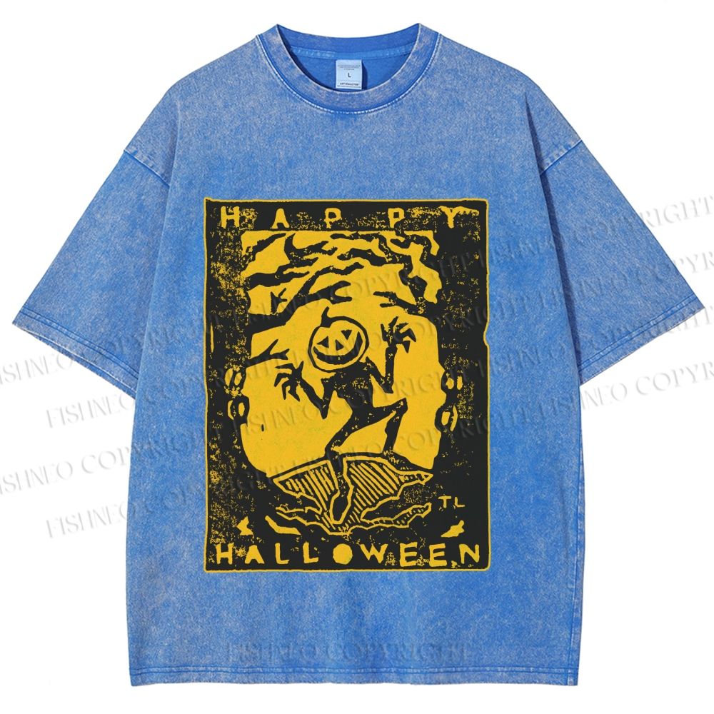 Unisex Vintage Silly Pumpkin Halloween Printed Washed Tee