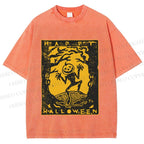 Unisex Vintage Silly Pumpkin Halloween Printed Washed Tee