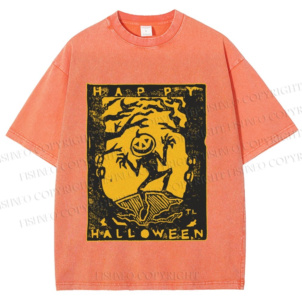 Unisex Vintage Silly Pumpkin Halloween Printed Washed Tee
