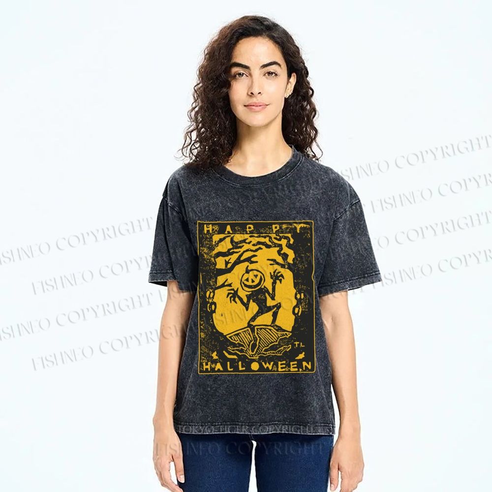 Unisex Vintage Silly Pumpkin Halloween Printed Washed Tee