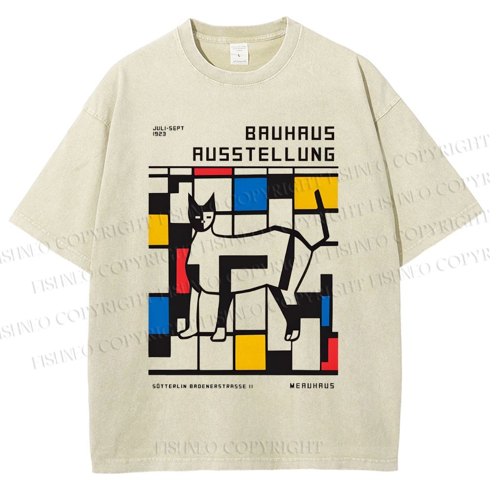 Unisex Geometric Cat Printed Washed Tee