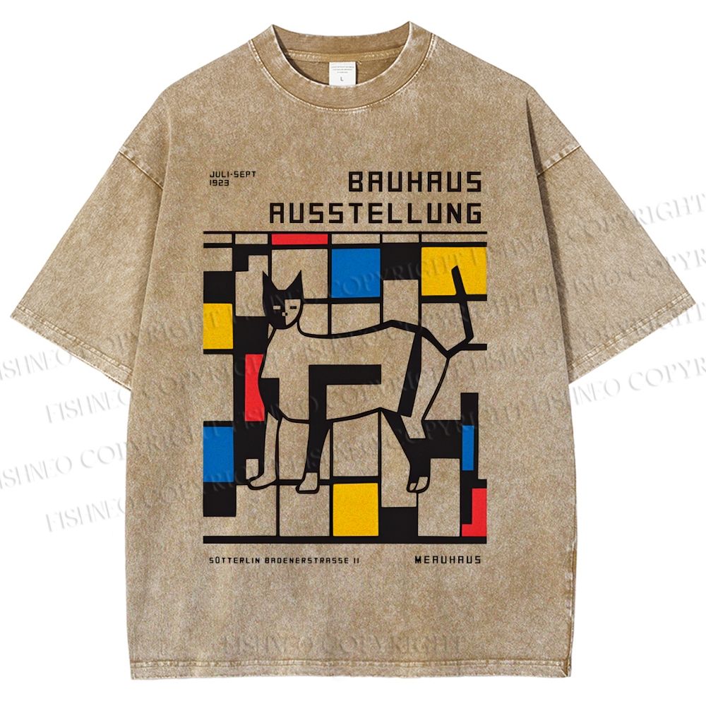 Unisex Geometric Cat Printed Washed Tee