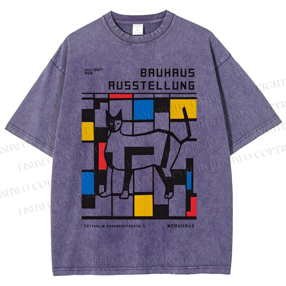 Unisex Geometric Cat Printed Washed Tee