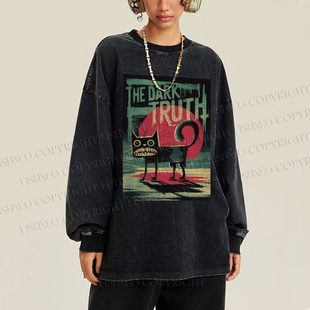 Unisex Casual Washed The Dark Turth Cat Printed Long Sleeve T-shirt
