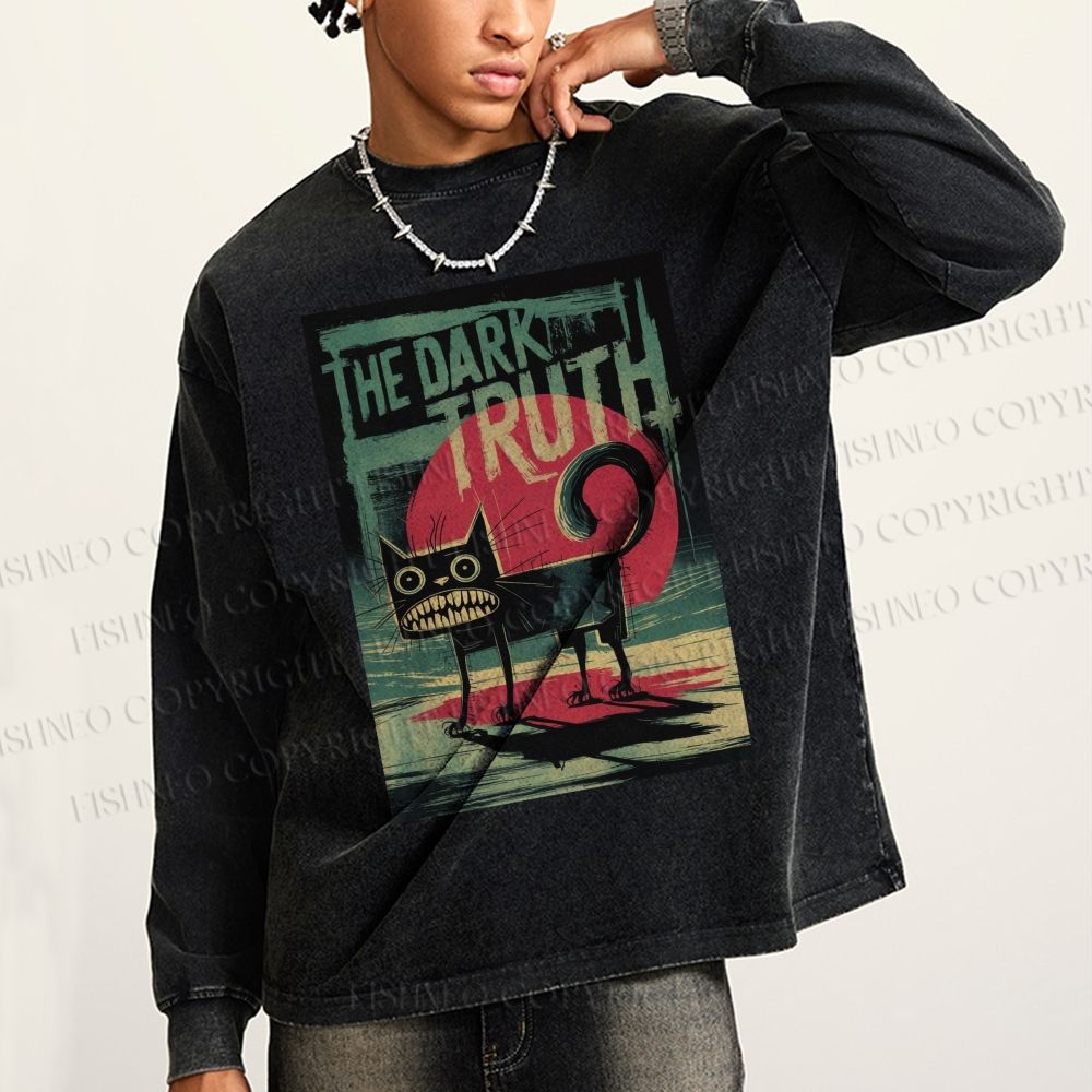 Unisex Casual Washed The Dark Turth Cat Printed Long Sleeve T-shirt