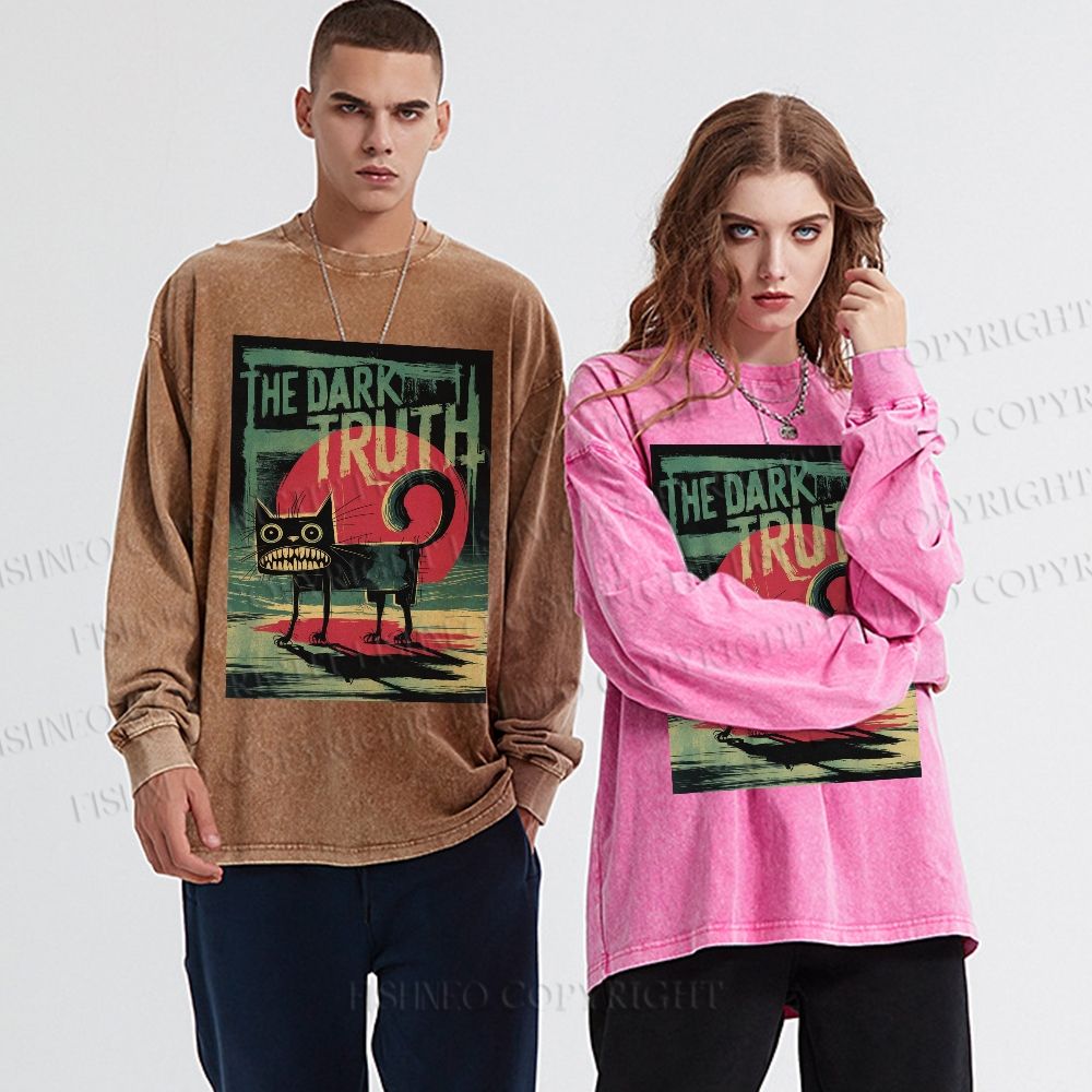 Unisex Casual Washed The Dark Turth Cat Printed Long Sleeve T-shirt
