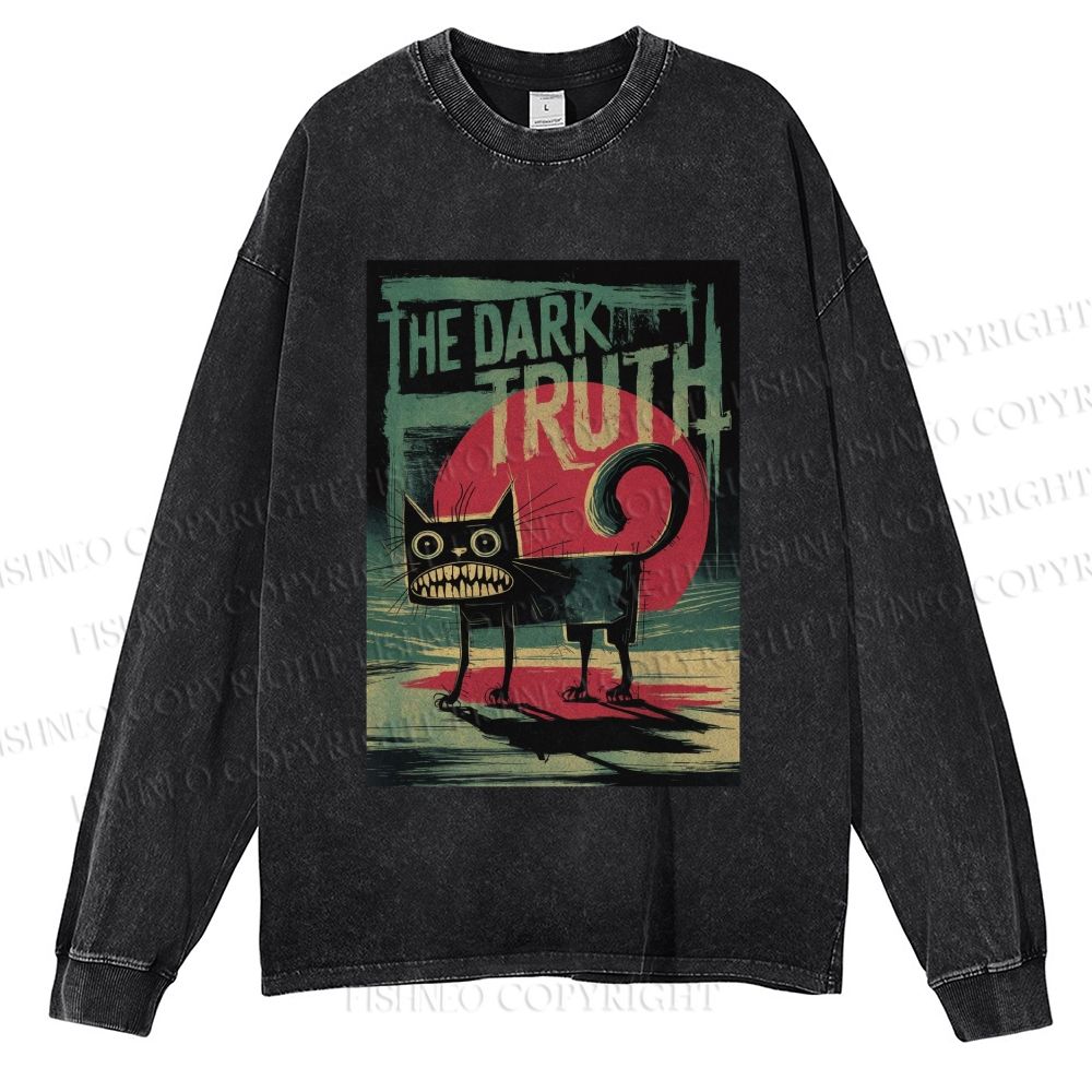Unisex Casual Washed The Dark Turth Cat Printed Long Sleeve T-shirt