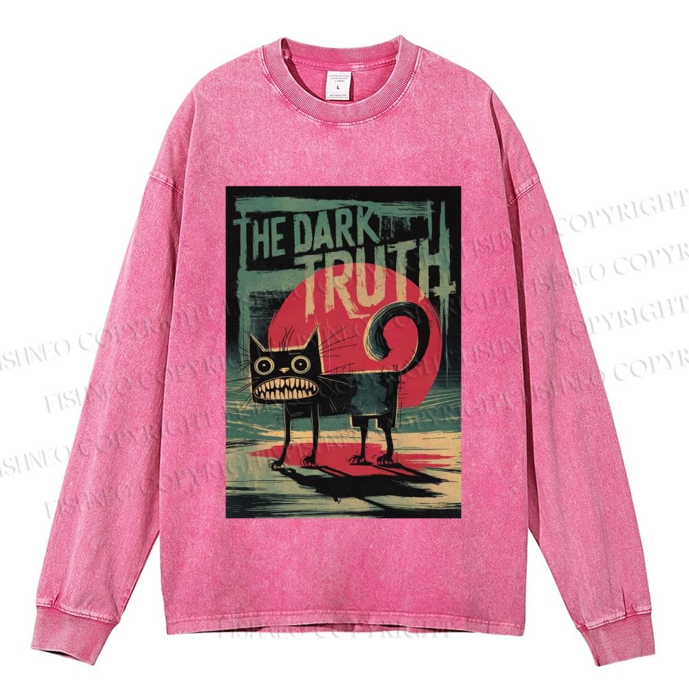 Unisex Casual Washed The Dark Turth Cat Printed Long Sleeve T-shirt