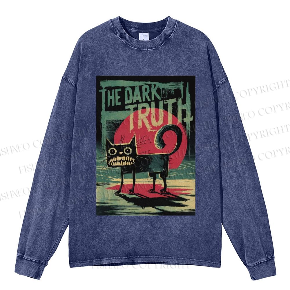 Unisex Casual Washed The Dark Turth Cat Printed Long Sleeve T-shirt