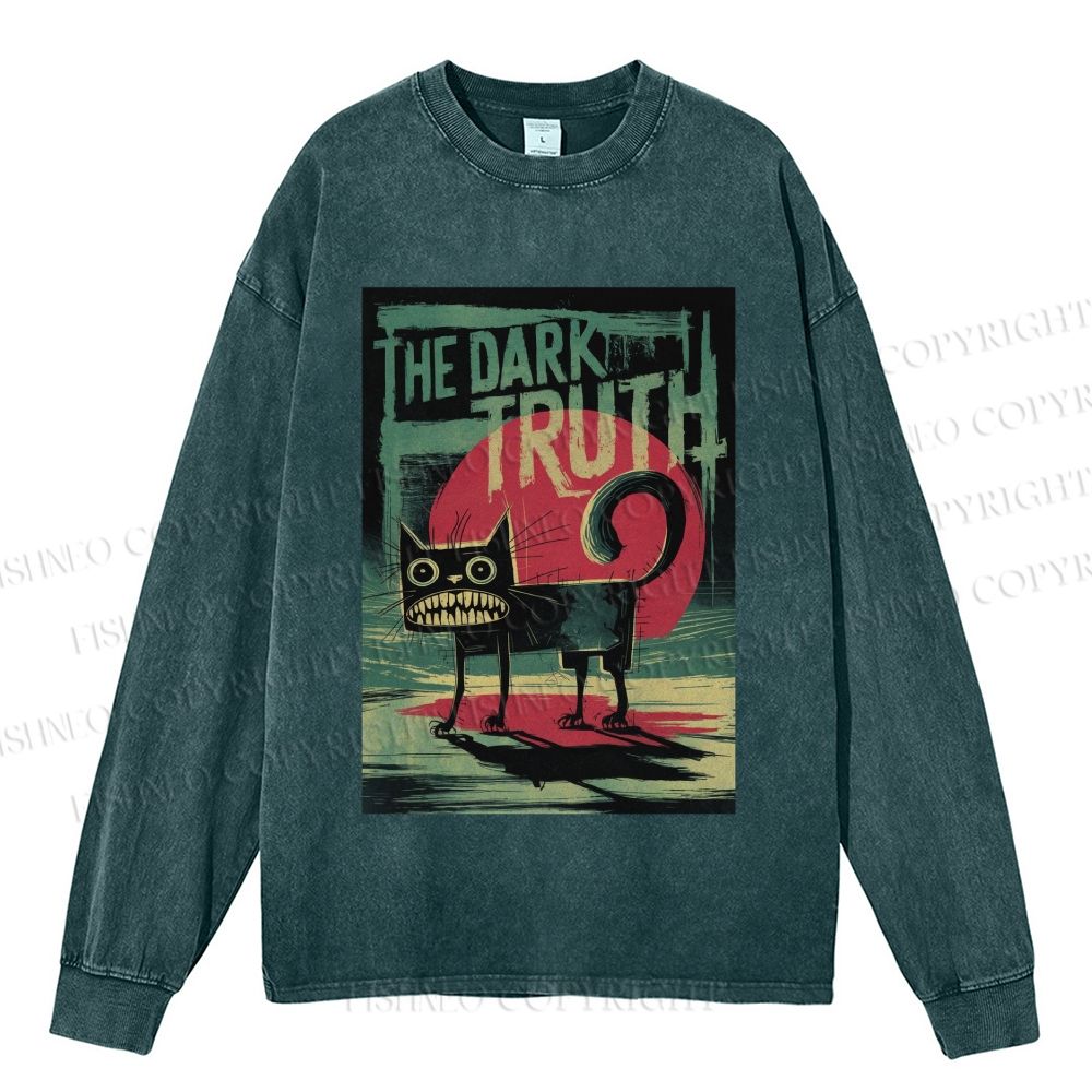 Unisex Casual Washed The Dark Turth Cat Printed Long Sleeve T-shirt