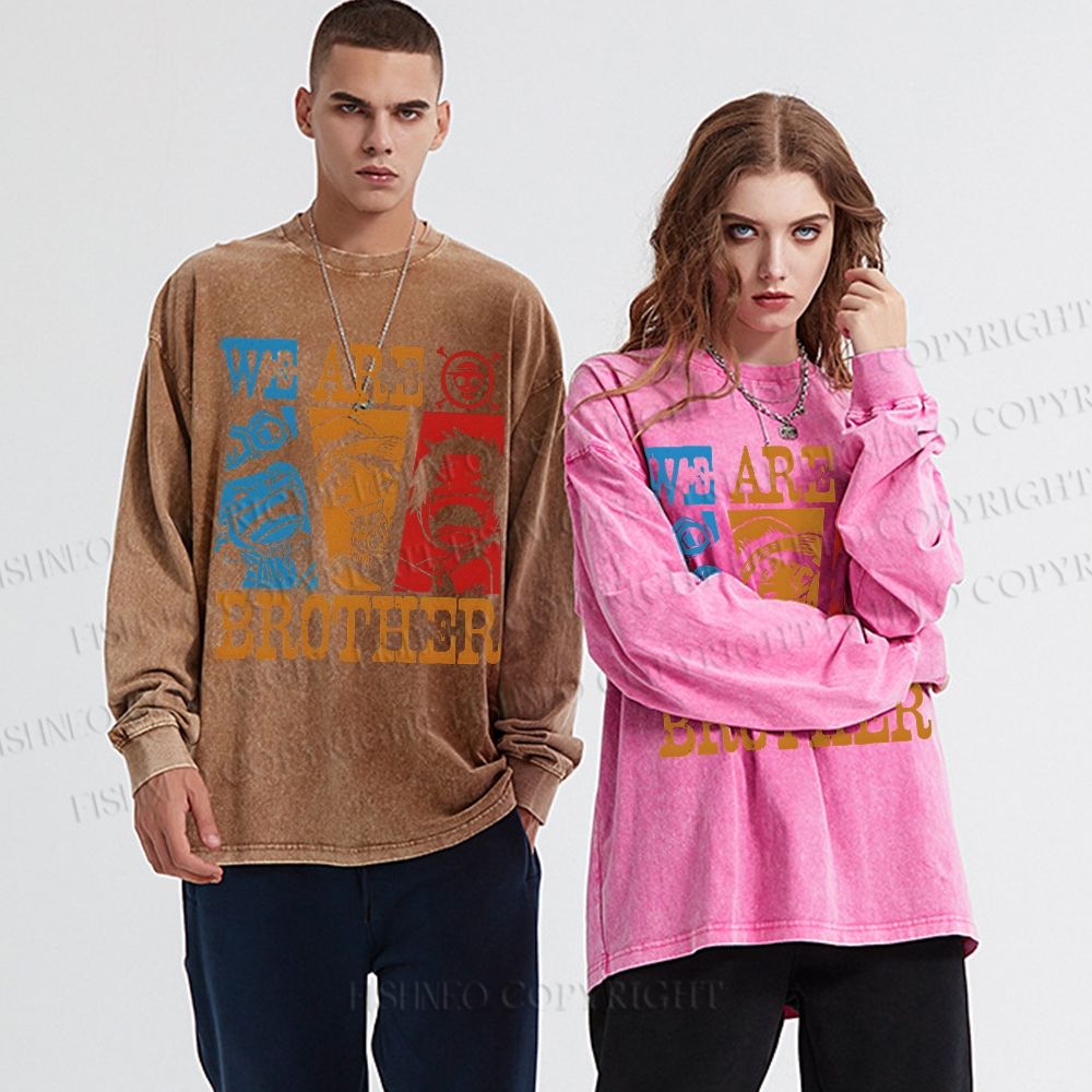 Unisex Casual Washed We Are Brothers Luffy Printed Long Sleeve T-shirt