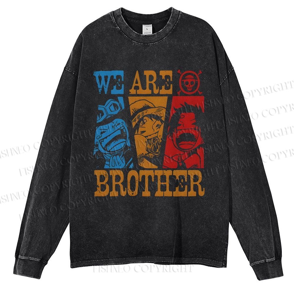 Unisex Casual Washed We Are Brothers Luffy Printed Long Sleeve T-shirt