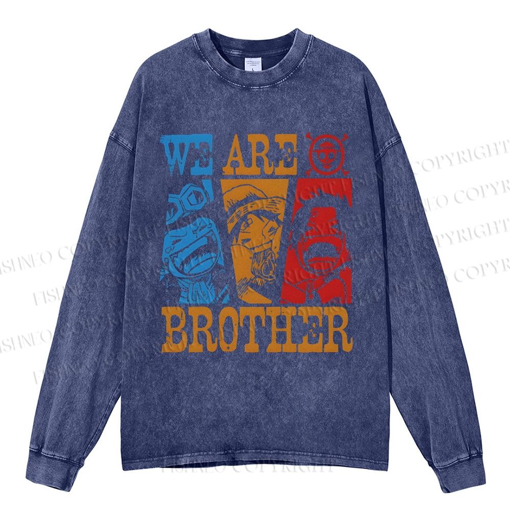 Unisex Casual Washed We Are Brothers Luffy Printed Long Sleeve T-shirt