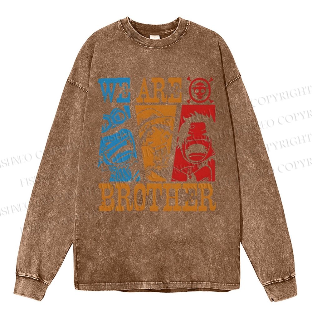 Unisex Casual Washed We Are Brothers Luffy Printed Long Sleeve T-shirt