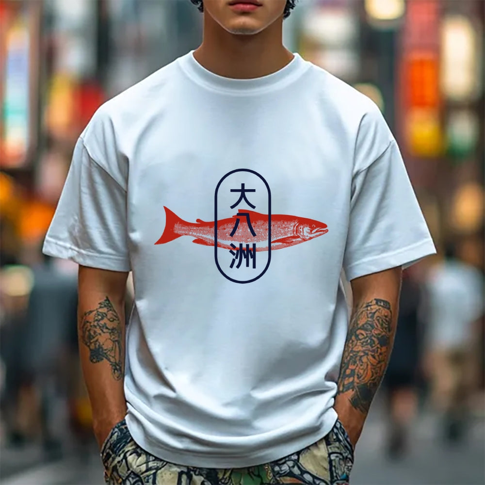 Da Ba Zhou Salmon Japanese Style Cotton Casual T-shirt