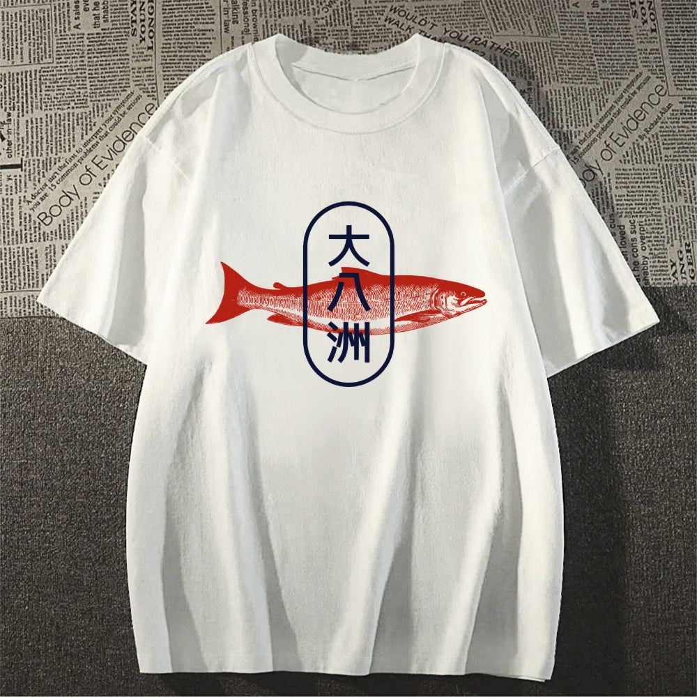 Da Ba Zhou Salmon Japanese Style Cotton Casual T-shirt