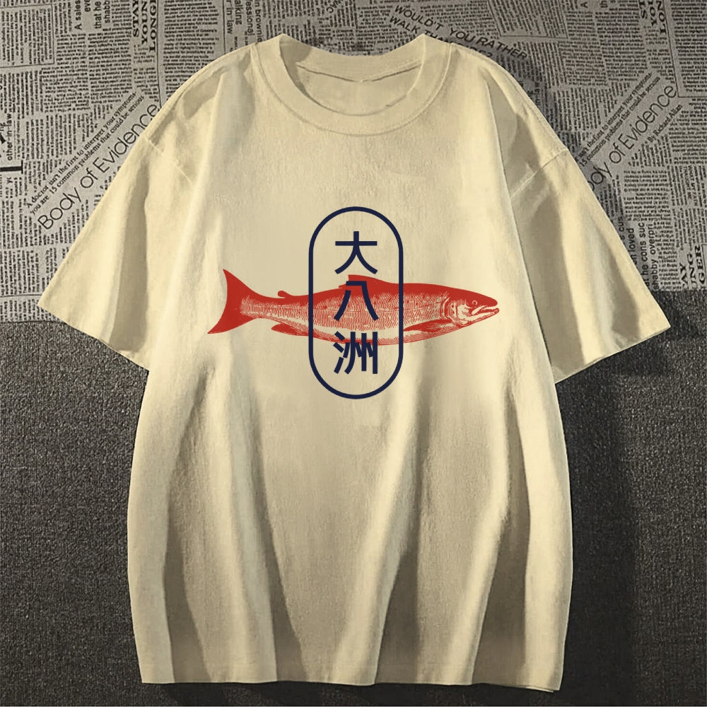 Da Ba Zhou Salmon Japanese Style Cotton Casual T-shirt
