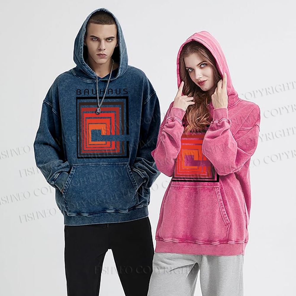 Unisex Casual Vintage Bauhaus Design Printed Washed Hoodie