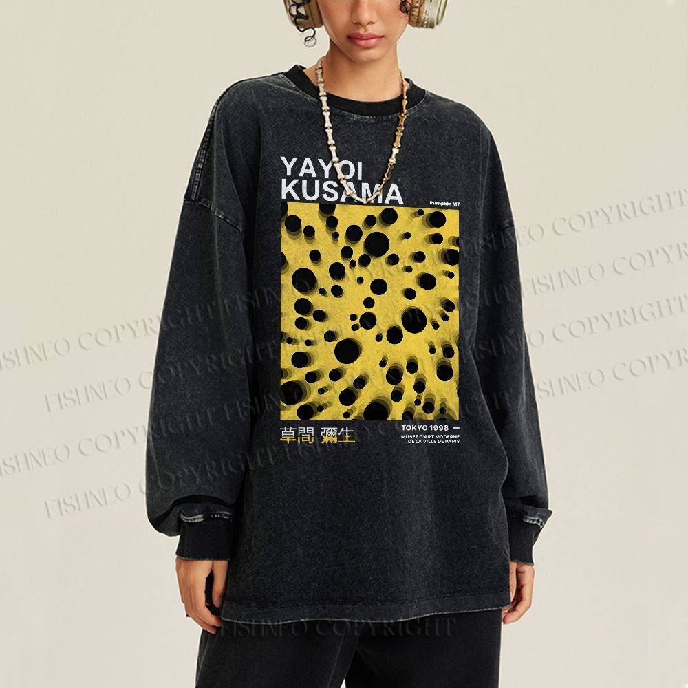 Unisex Casual Washed Japanese Yayoi Kusama Printed Long Sleeve T-shirt