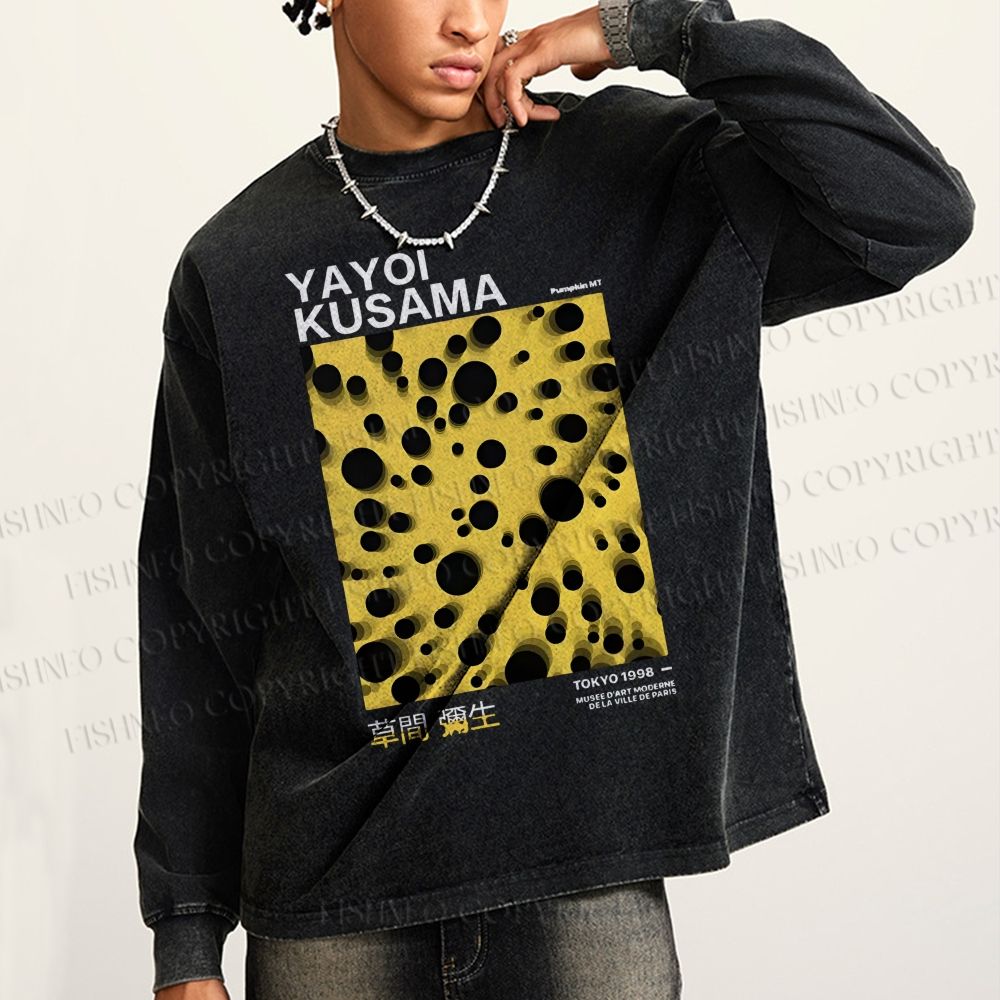 Unisex Casual Washed Japanese Yayoi Kusama Printed Long Sleeve T-shirt
