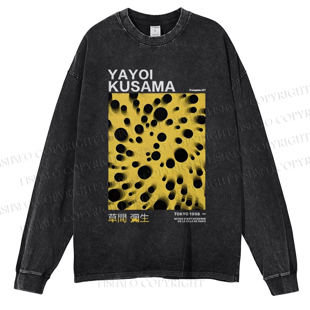 Unisex Casual Washed Japanese Yayoi Kusama Printed Long Sleeve T-shirt