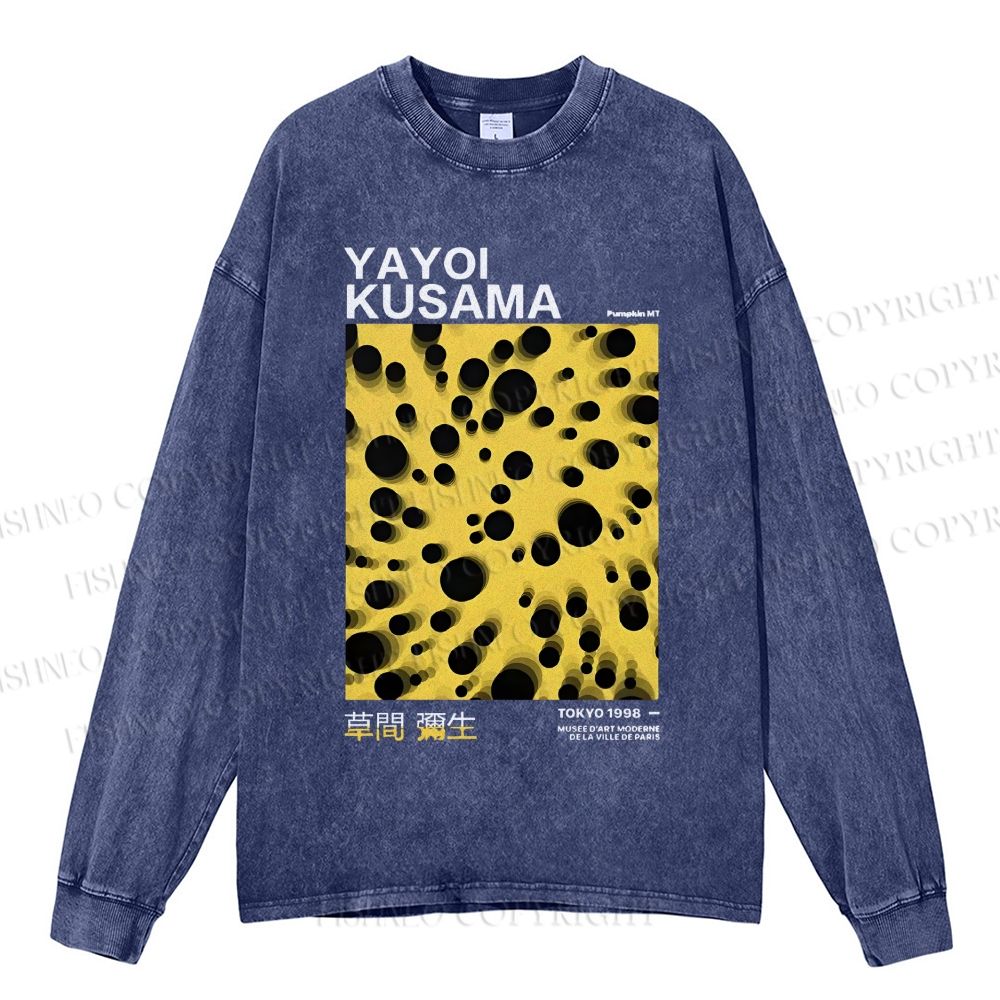 Unisex Casual Washed Japanese Yayoi Kusama Printed Long Sleeve T-shirt