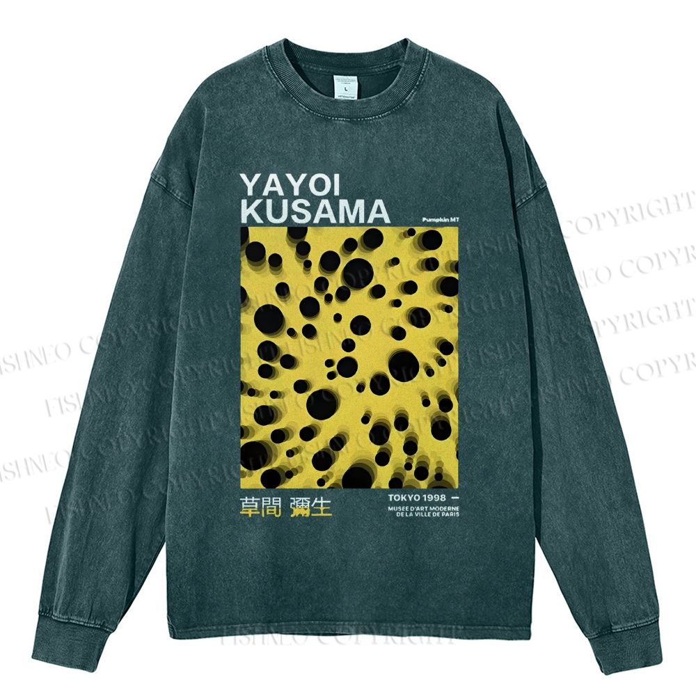Unisex Casual Washed Japanese Yayoi Kusama Printed Long Sleeve T-shirt