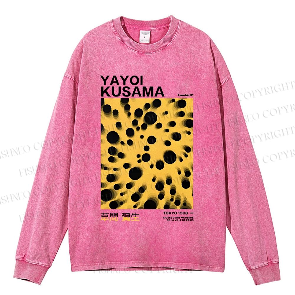 Unisex Casual Washed Japanese Yayoi Kusama Printed Long Sleeve T-shirt