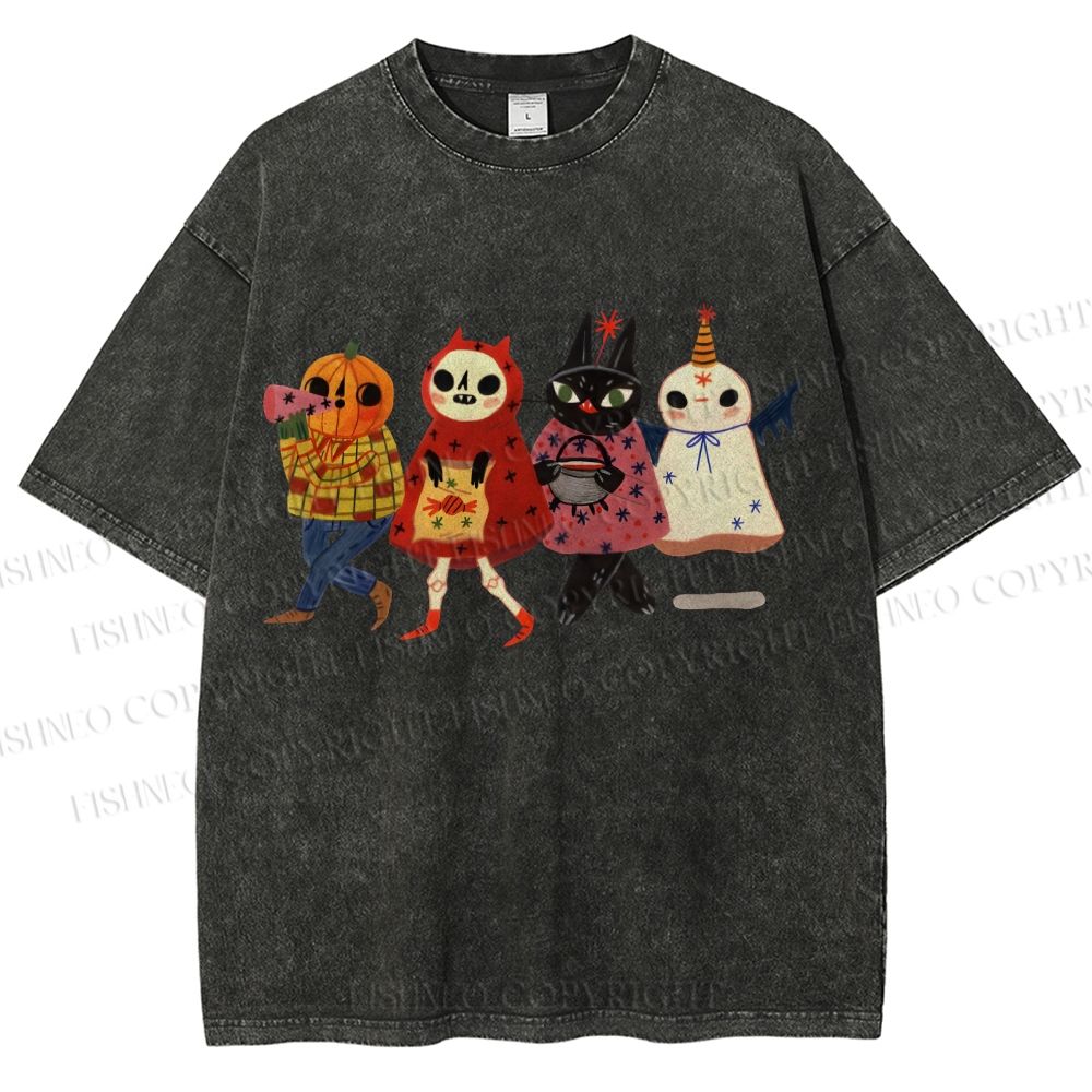 Unisex Halloween Cat Printed Washed Tee