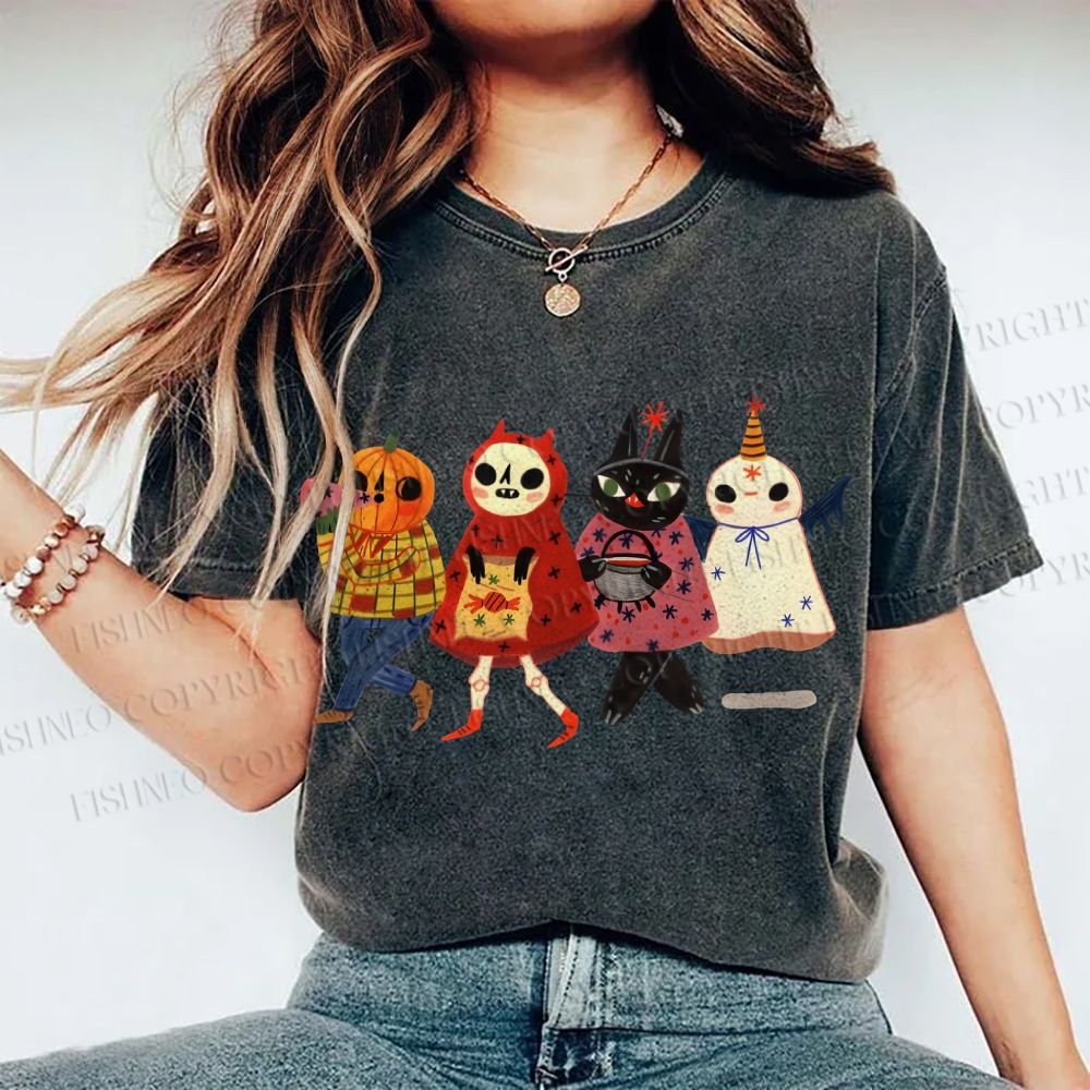 Unisex Halloween Cat Printed Washed Tee