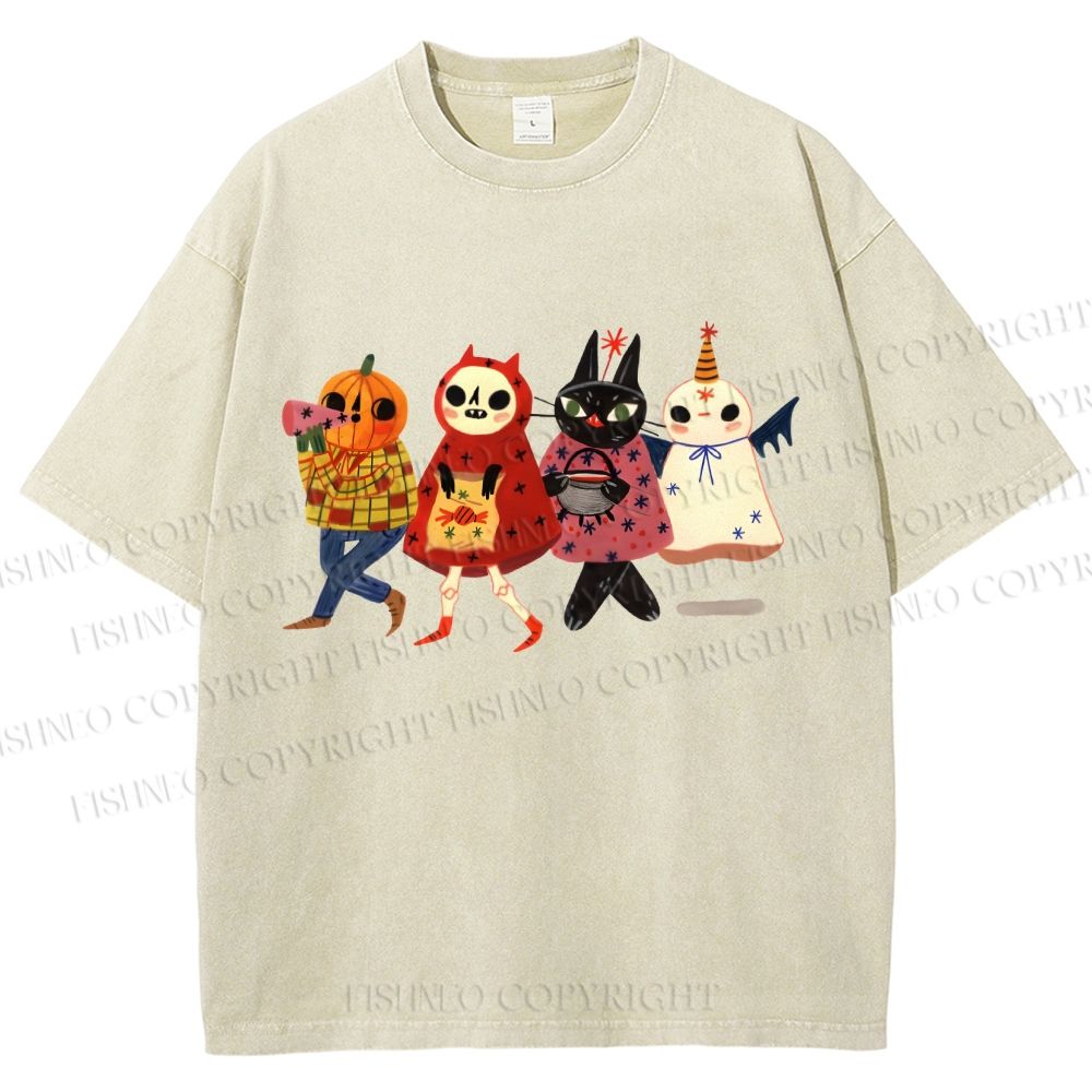 Unisex Halloween Cat Printed Washed Tee