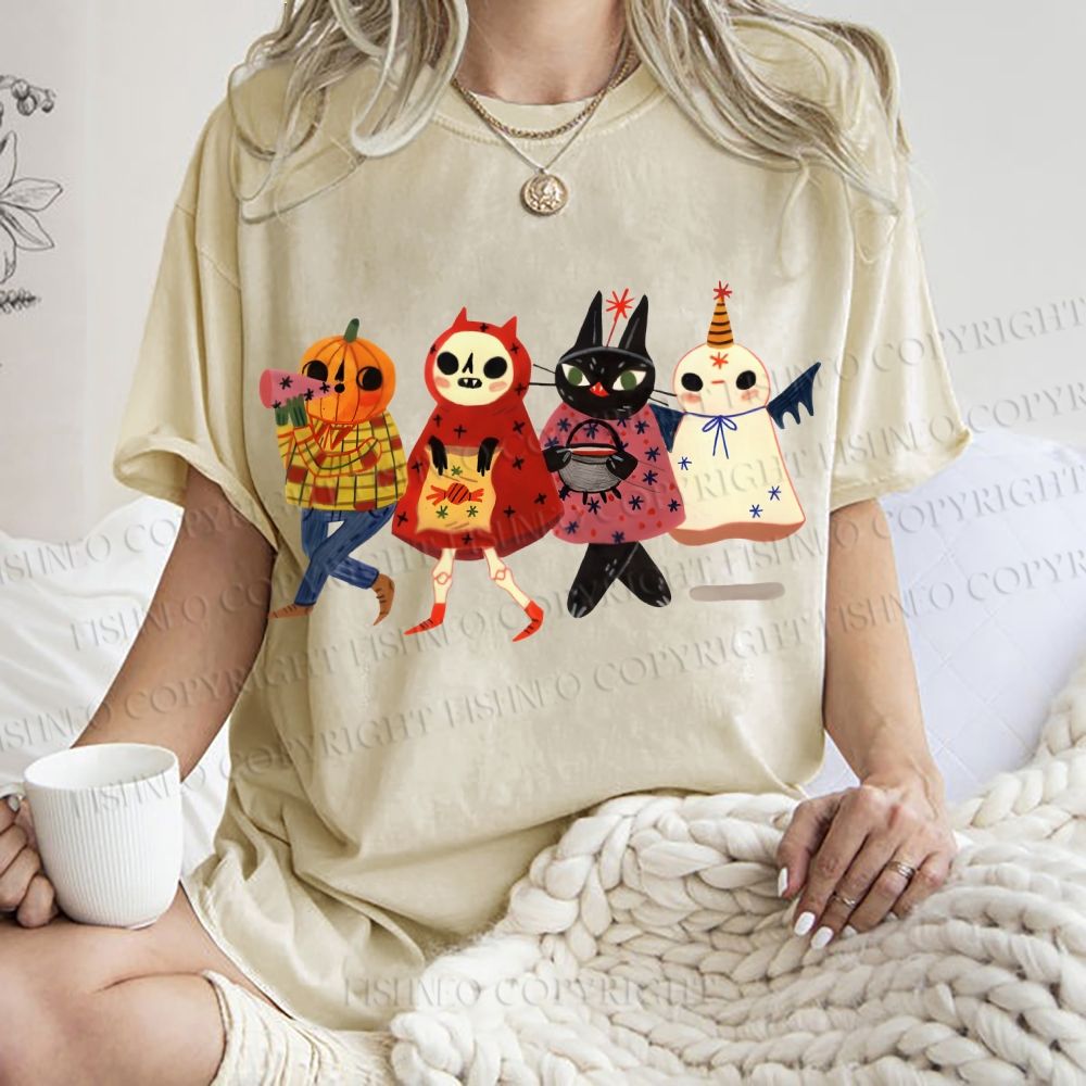 Unisex Halloween Cat Printed Washed Tee