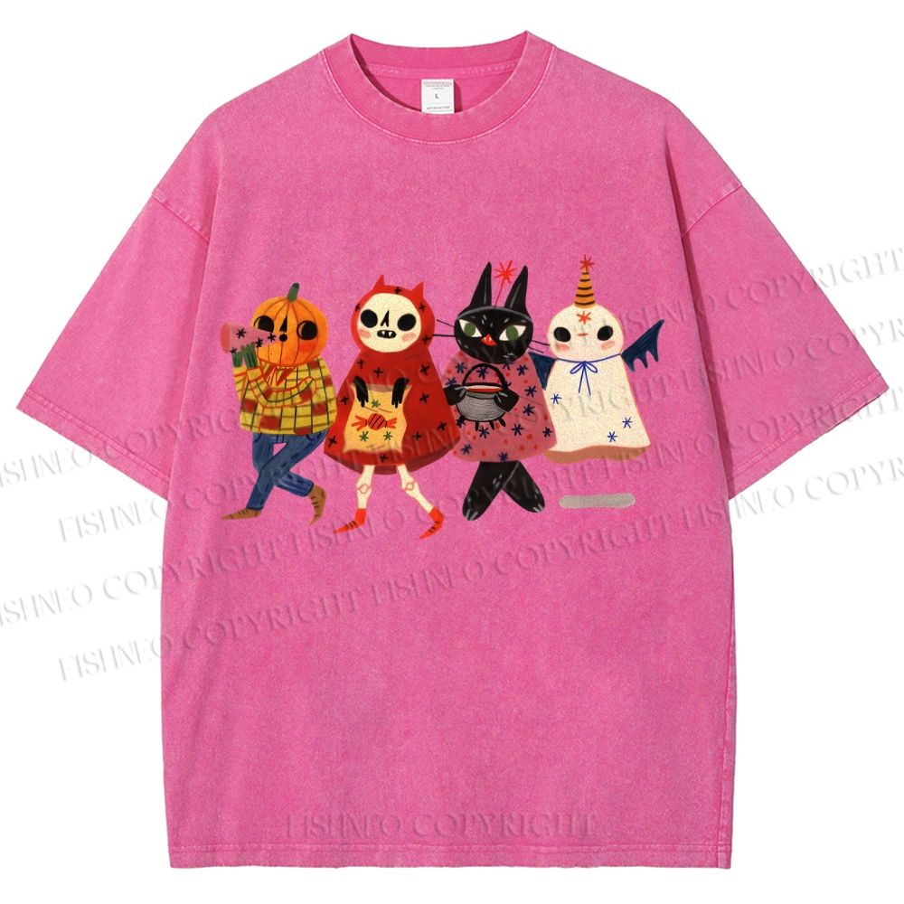 Unisex Halloween Cat Printed Washed Tee