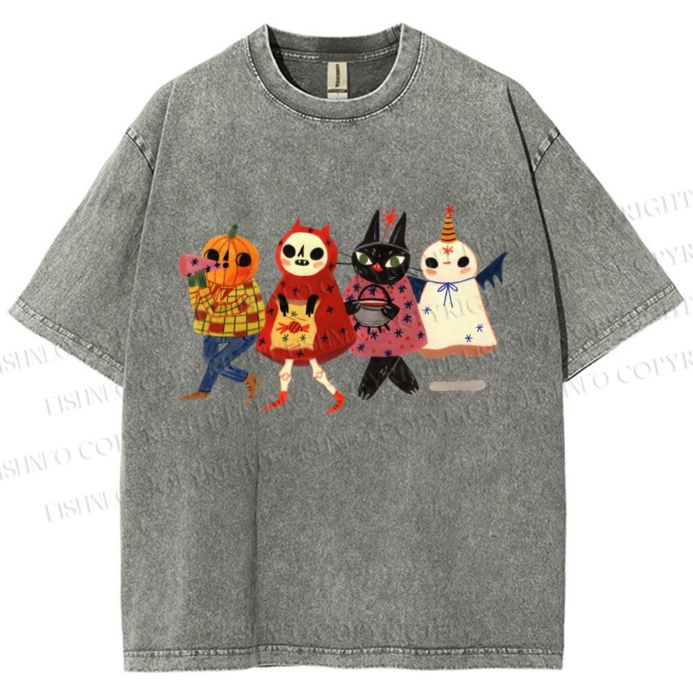 Unisex Halloween Cat Printed Washed Tee