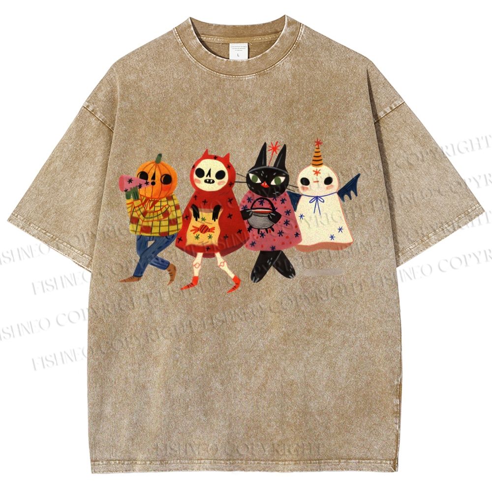 Unisex Halloween Cat Printed Washed Tee