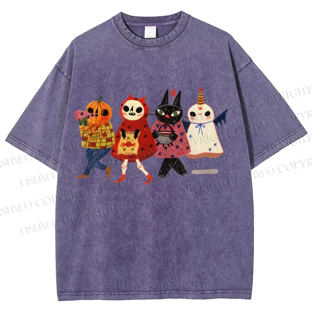 Unisex Halloween Cat Printed Washed Tee