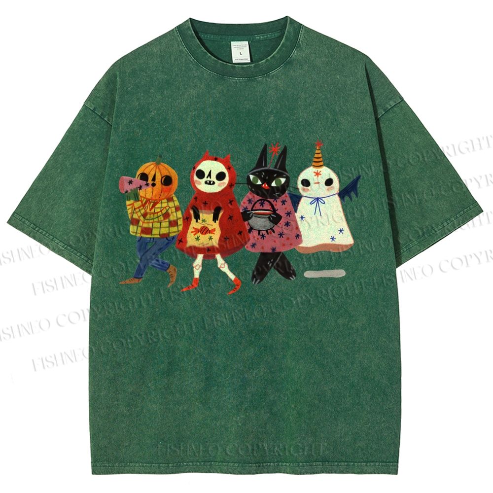 Unisex Halloween Cat Printed Washed Tee