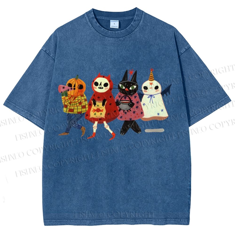 Unisex Halloween Cat Printed Washed Tee