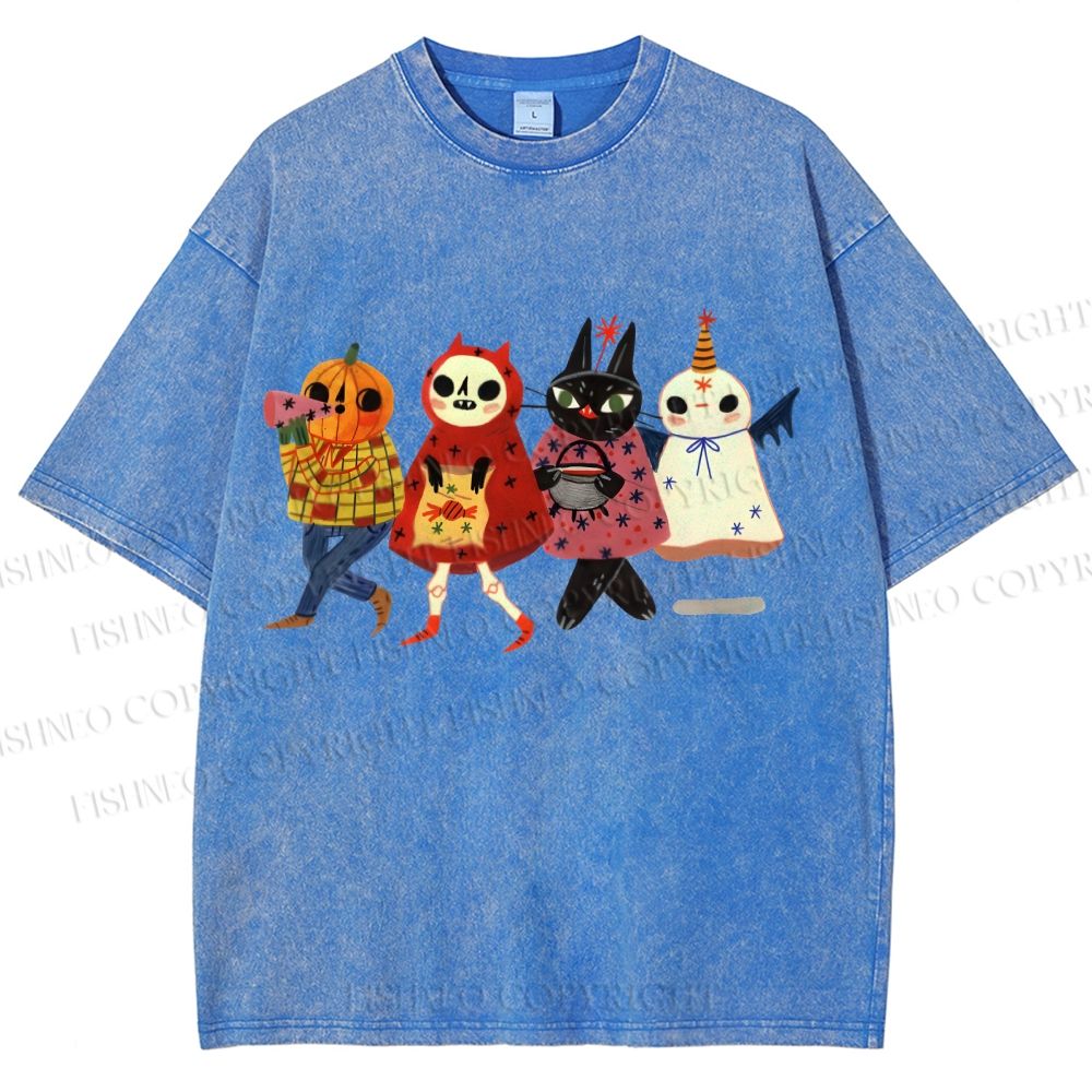 Unisex Halloween Cat Printed Washed Tee