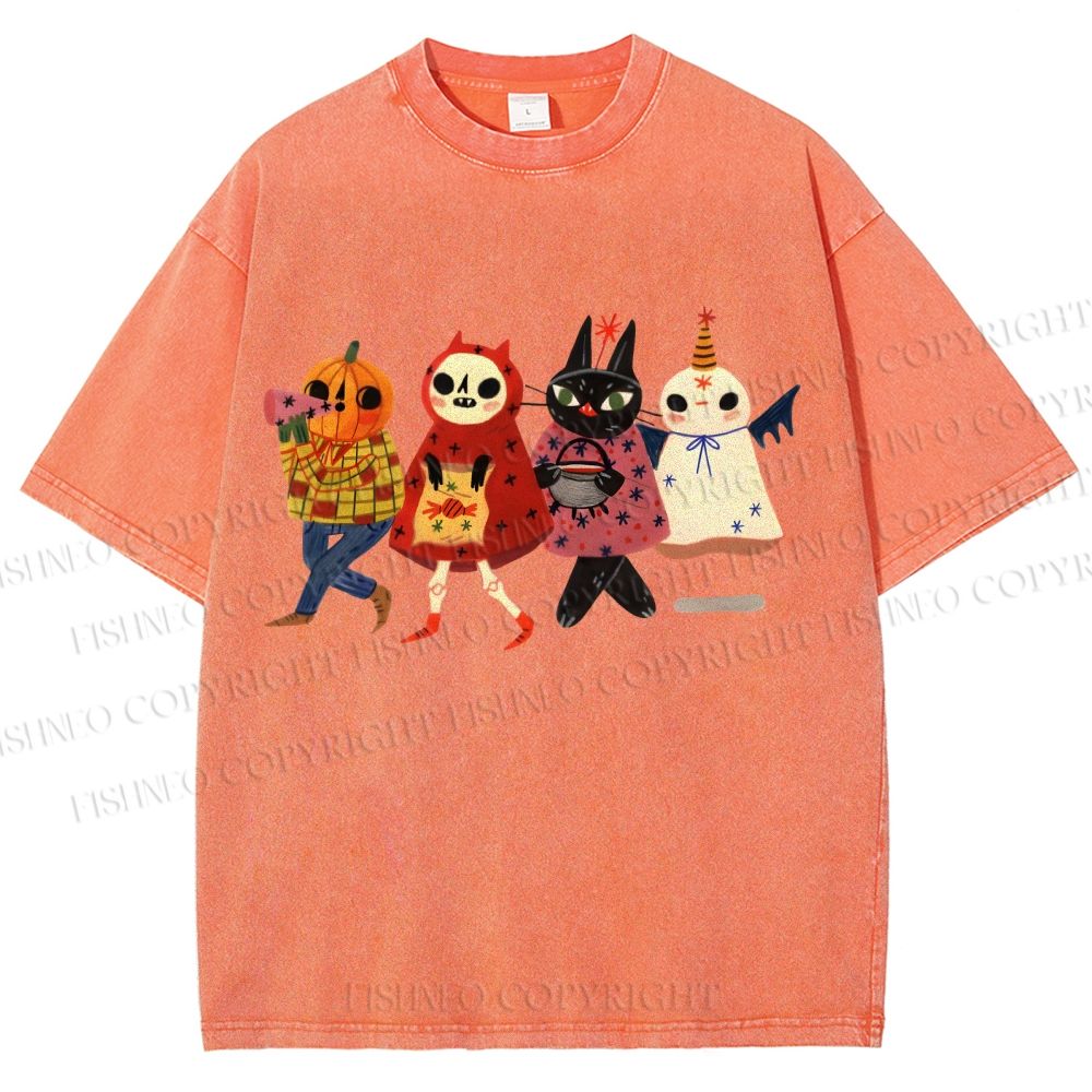 Unisex Halloween Cat Printed Washed Tee
