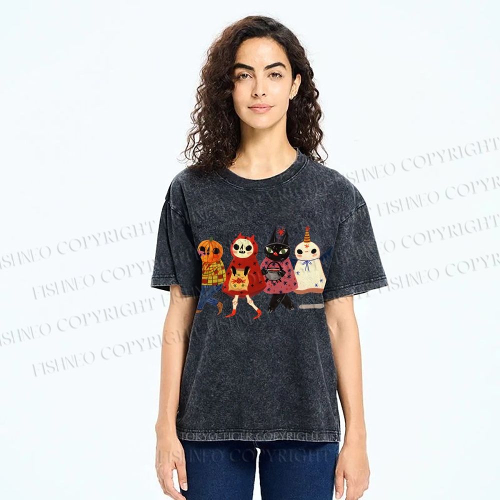Unisex Halloween Cat Printed Washed Tee