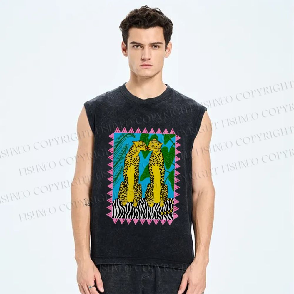 Unisex Leopard Printed Washed Tank Top