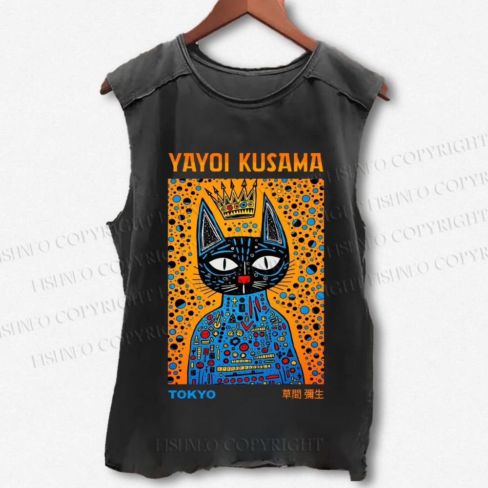 Unisex Japanese Yayoi Kusama Cat Printed Washed Tank Top