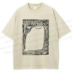Unisex Simple Cat Drawing Printed Washed Tee