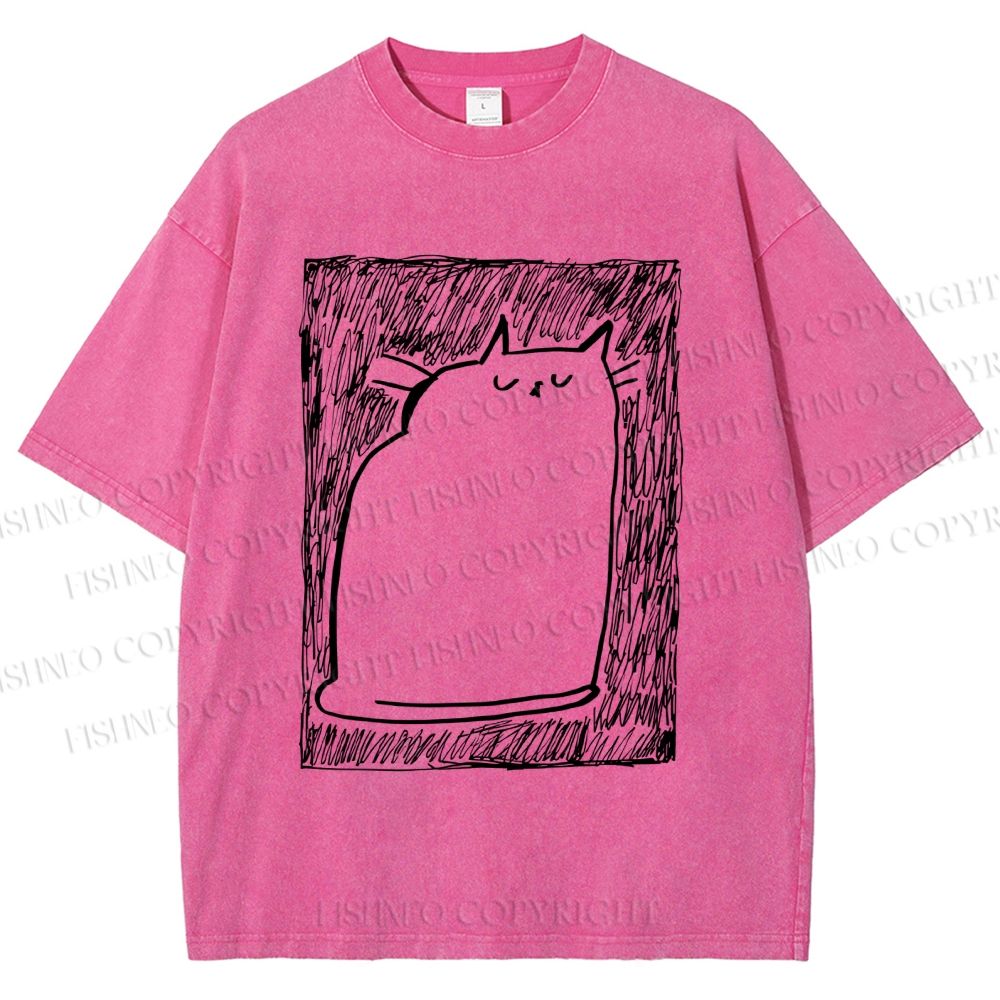 Unisex Simple Cat Drawing Printed Washed Tee