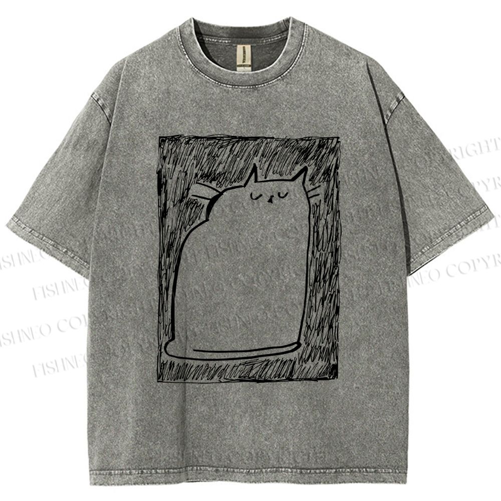 Unisex Simple Cat Drawing Printed Washed Tee