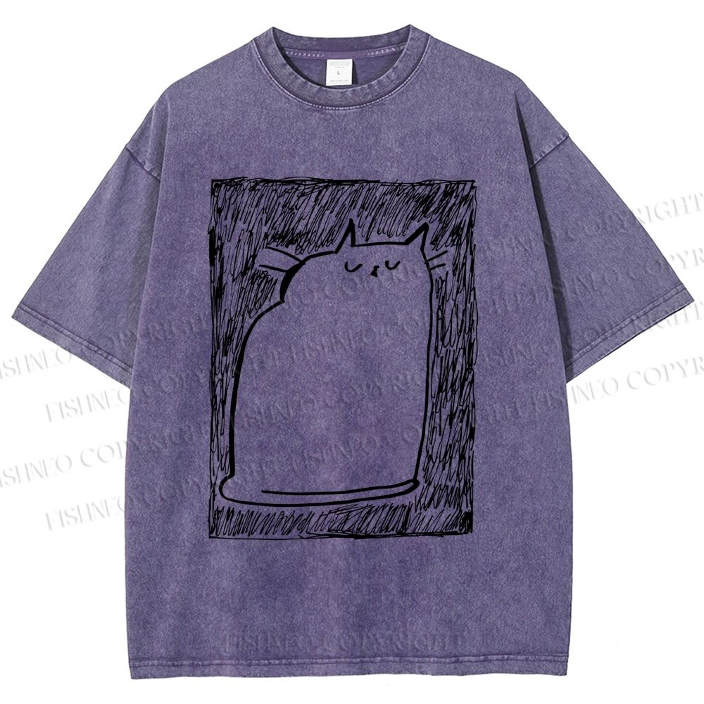 Unisex Simple Cat Drawing Printed Washed Tee