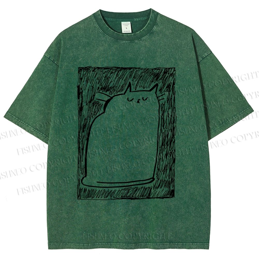 Unisex Simple Cat Drawing Printed Washed Tee