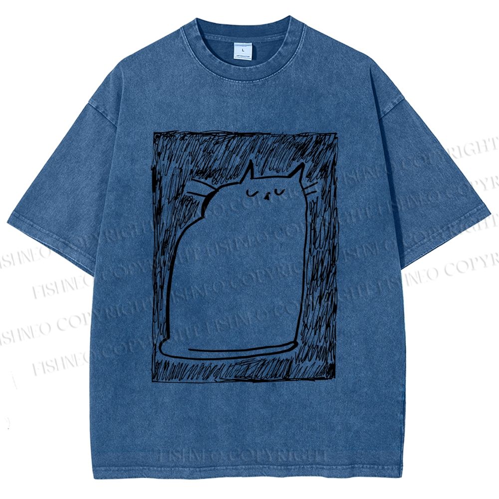 Unisex Simple Cat Drawing Printed Washed Tee